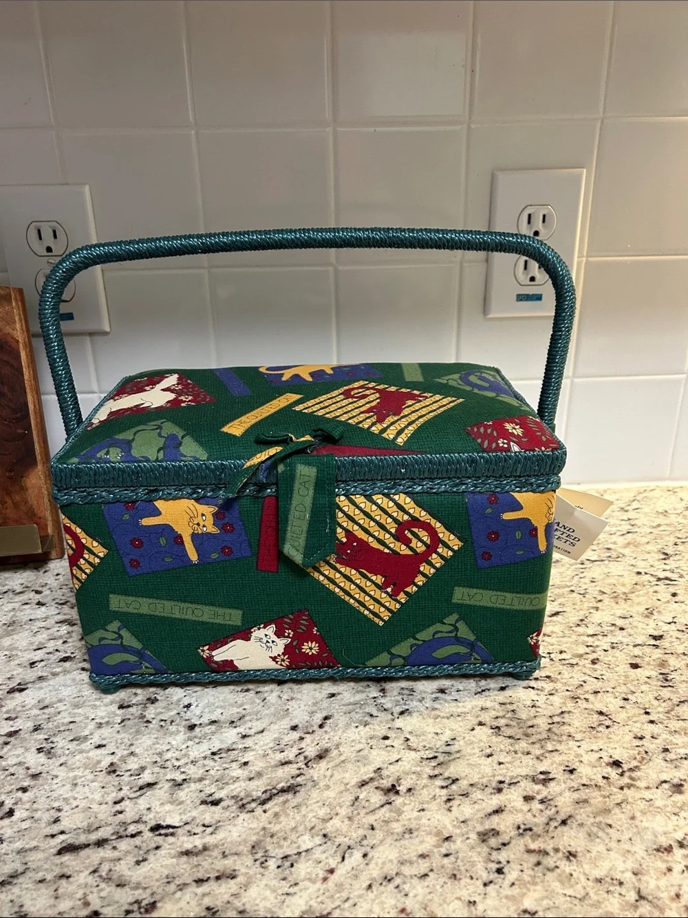 Green Cat Patchwork Sewing Basket with Teal Handley